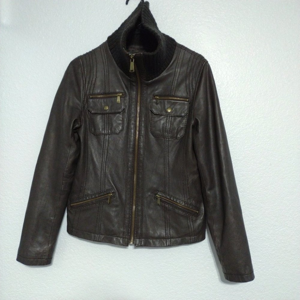 Michael Michael Kors | Brown Leather Jacket | Zip Front - Picture 4 of 15